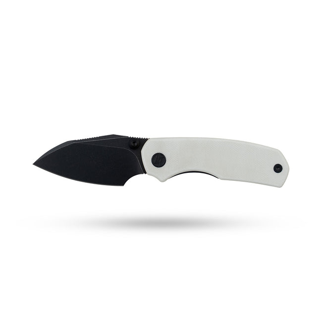 Open OLITANS G057 Mini Mastiff with white G10 handle and black-coated 14C28N blade