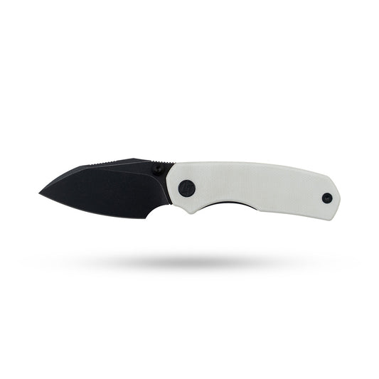 Open OLITANS G057 Mini Mastiff with white G10 handle and black-coated 14C28N blade