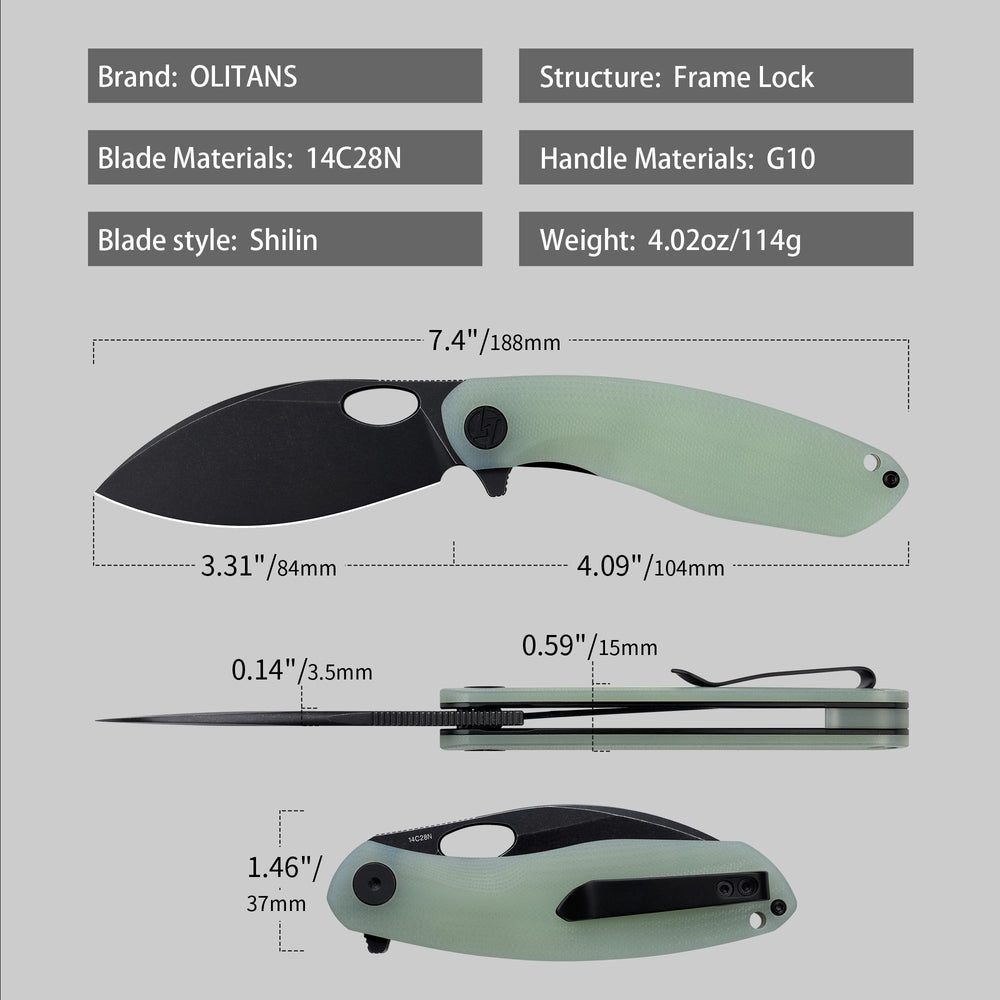 Knife dimension chart – Nature Green handle and black blade