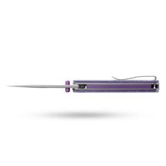 Top view of OLITANS Gecko SE G080 Purple Micarta liner lock and pocket clip