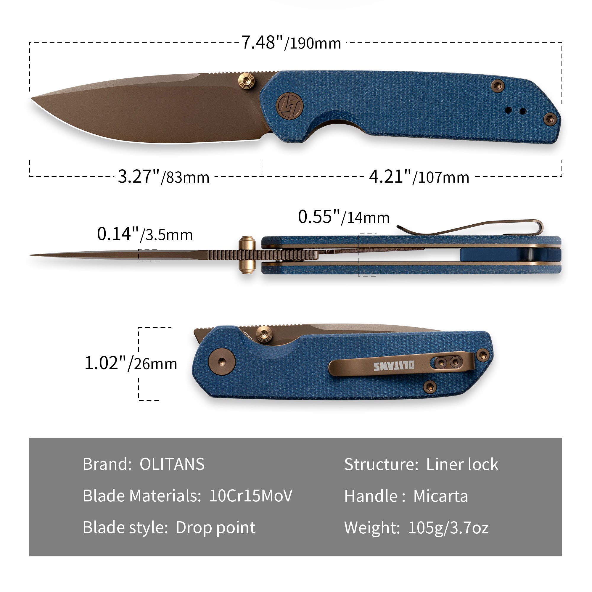 Lemon Shark G071（3.27"+10Cr15Mov+Blue Micarta+PVD）-Liner Lock