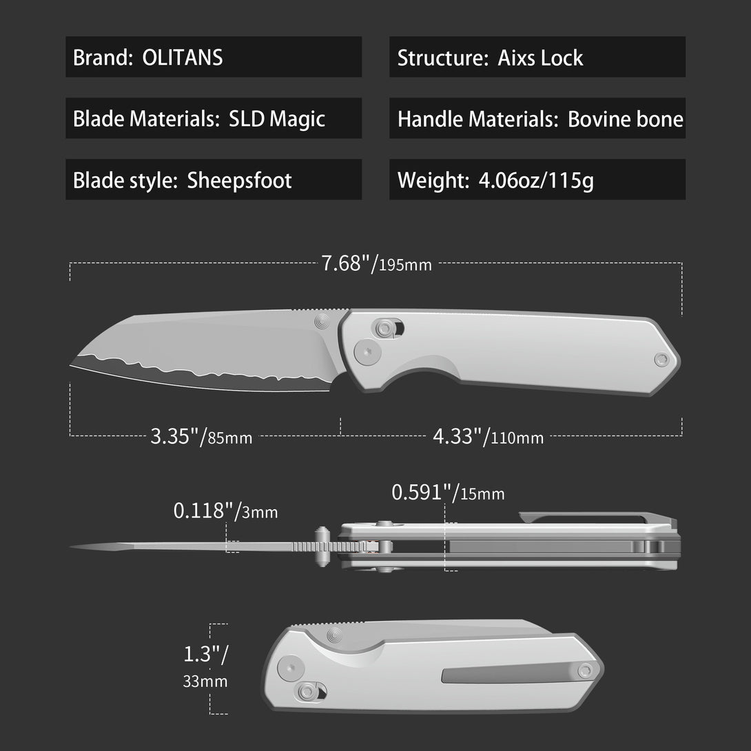 M060 Folding knife 3.35'' SLD Magic BLADE+Titanium Alloy HANDLE- CROSSBAR LOCK-THUMB STUD