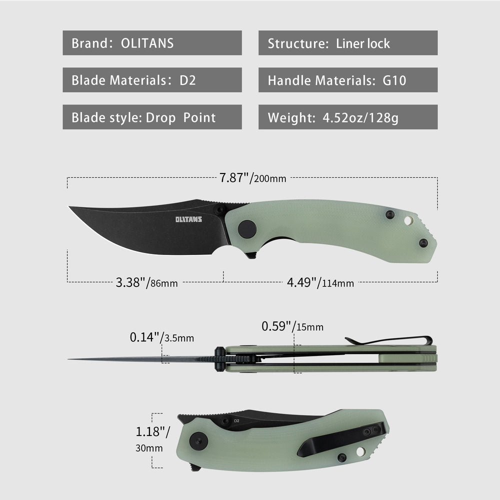 Dimensions chart of Crescent G059 – Nature Green handle and black blade specs