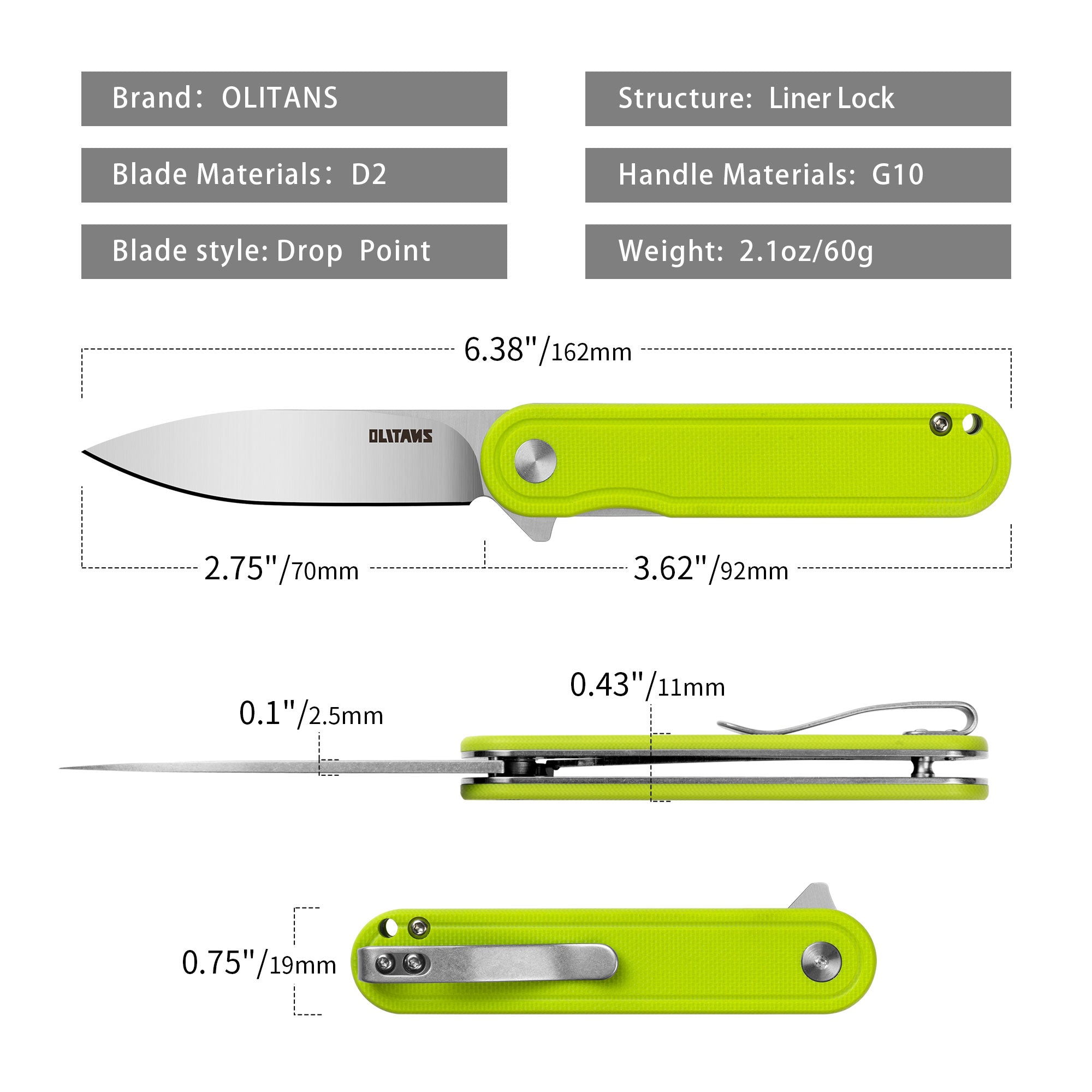 Rocket G040 (2.75''+D2+Neon Green G10)-Liner Lock-Flipper