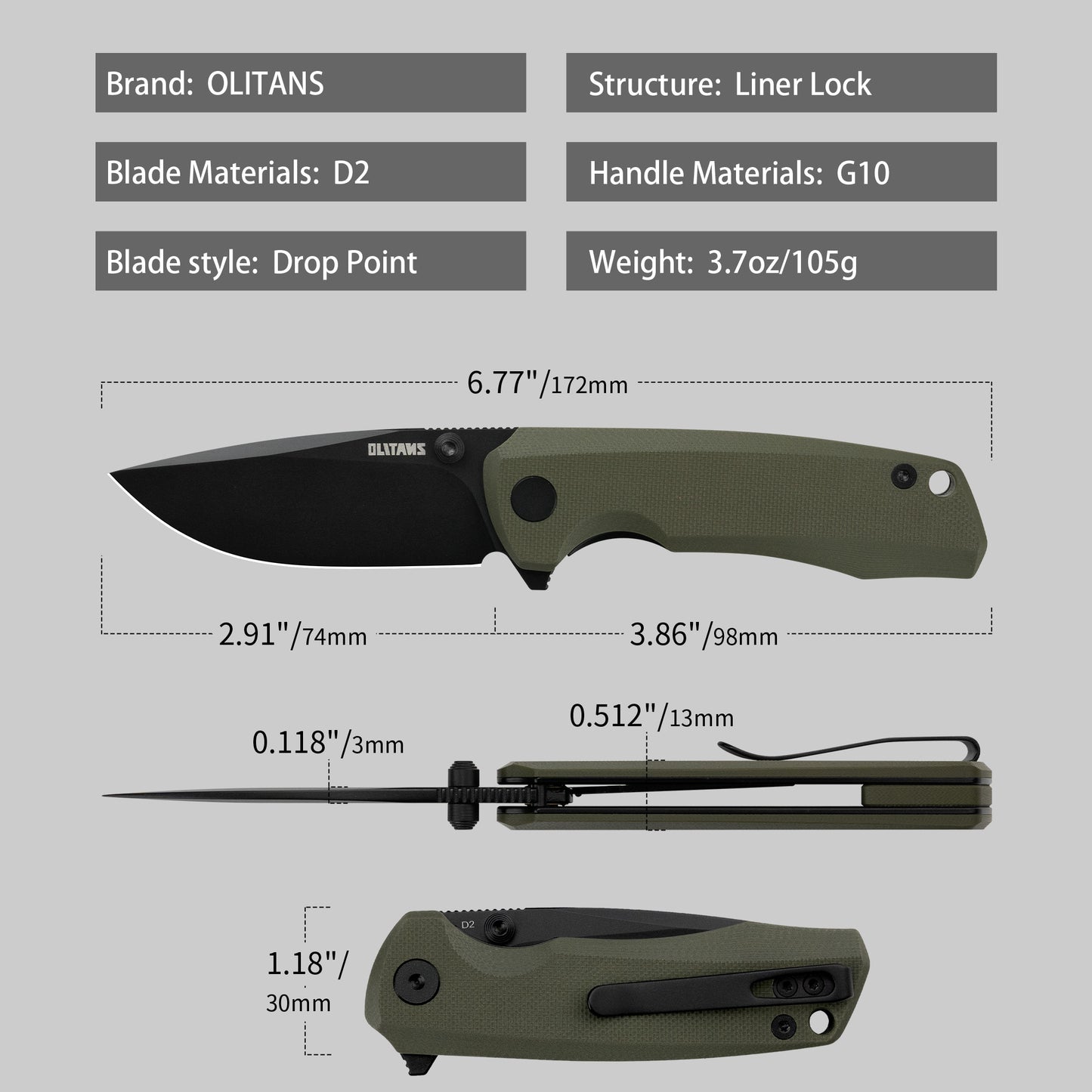 G061 2.91'' D2 BLADE+G10 HANDLE- Liner LOCK-THUMB STUD