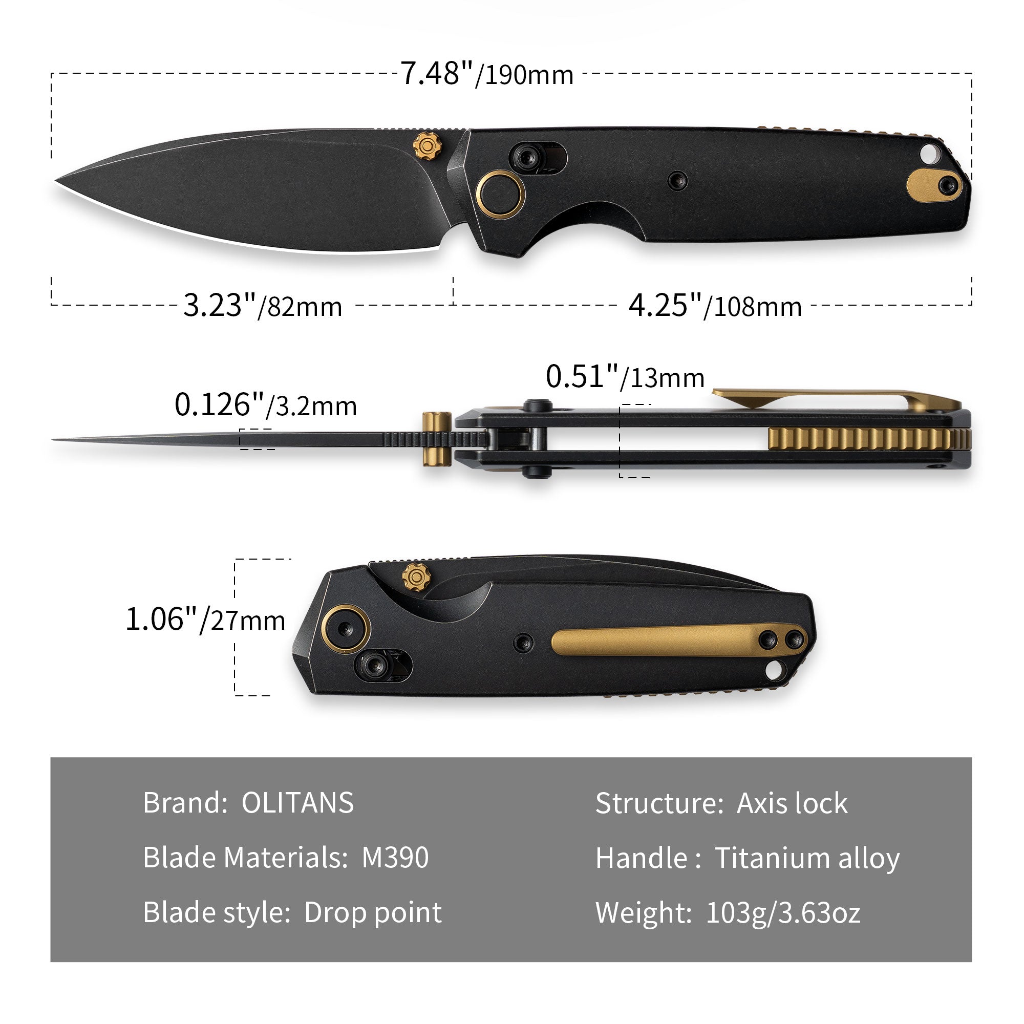 Ti-Aero T075 Folding Knife –（3.23"+Bohler M390 +Titanium）- OLITANS