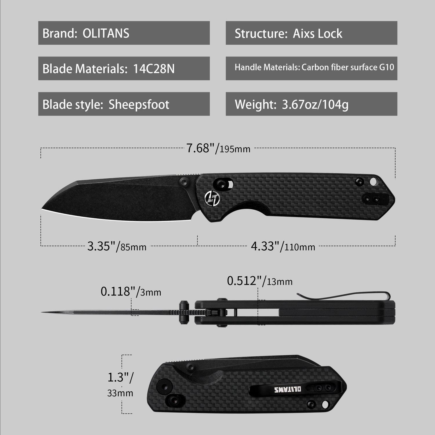 King Penguin G062 Folding Knife （3.35''+14C28N+Carbon fiber surface G10 Handle）-Crossbar Lock-Thumb Stud-Olitans