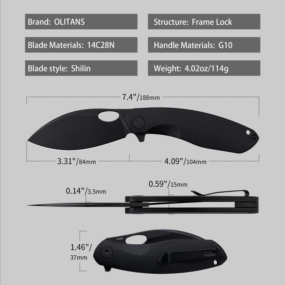 G064 black handle and black blade – size chart