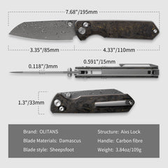 Imperial Penguin M060(3.35''+Damascus+Carbon fibre)-Axis lock-thumb stud