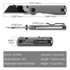 Ti NOVA T078 Utility Knife (2.68"+SK5 Blade+Titanium）Blade x10