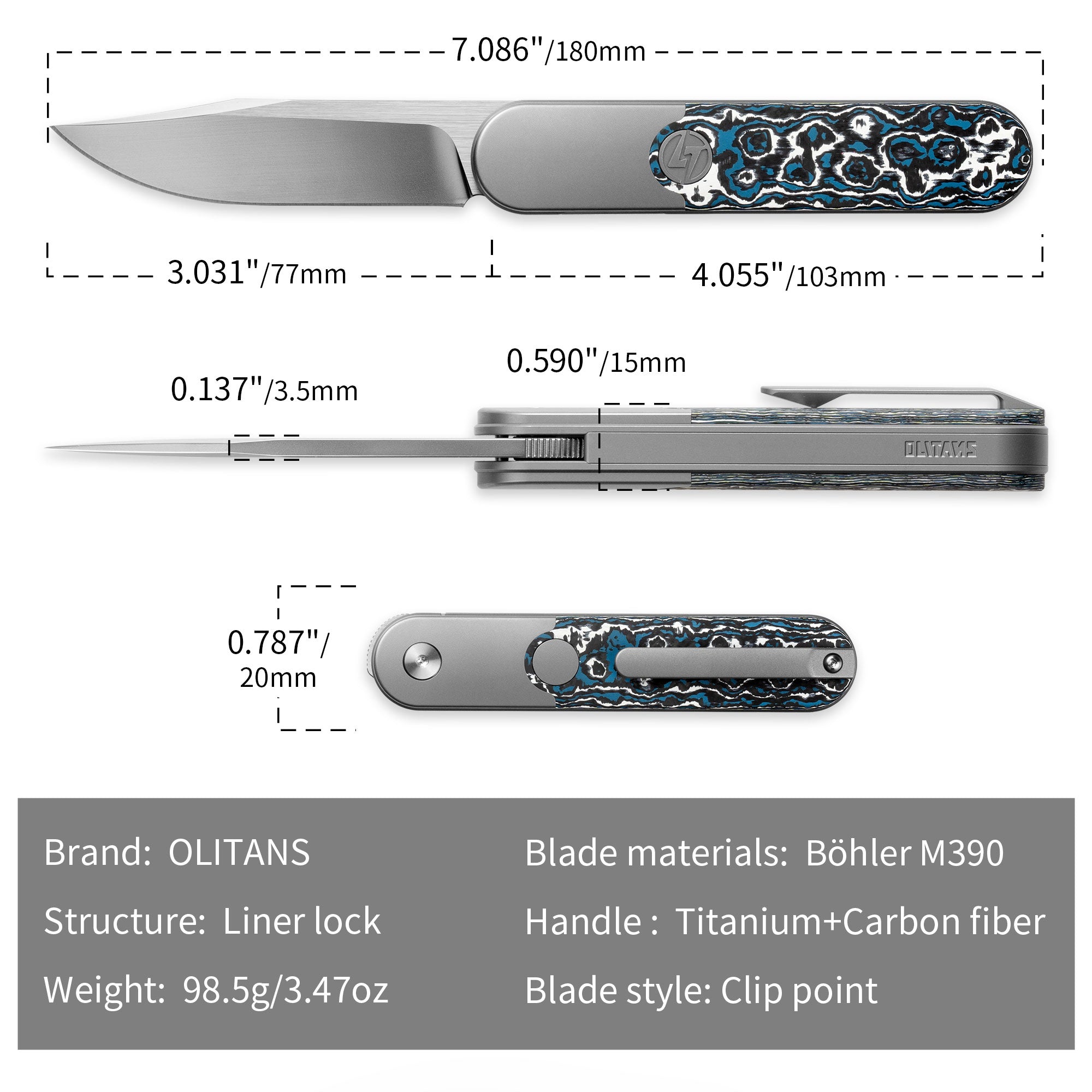 Rocket XL T081 (3.07''+M390+Blue Carbon Fiber)-Liner Lock-Front Flipper