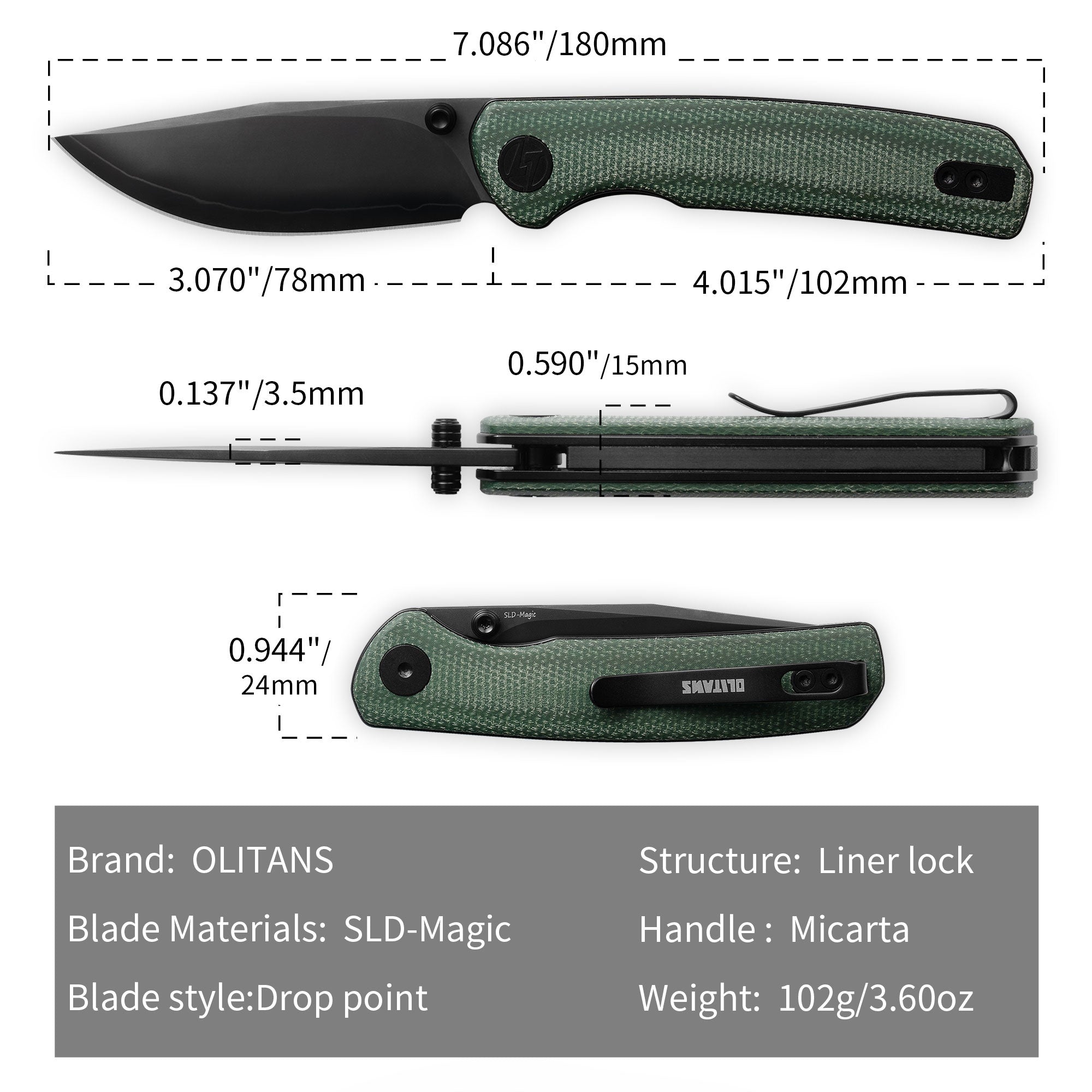 Gecko SE G080 (3.07''+SLD Magic+PVD+Green Micarta)-Liner Lock-thumb stud