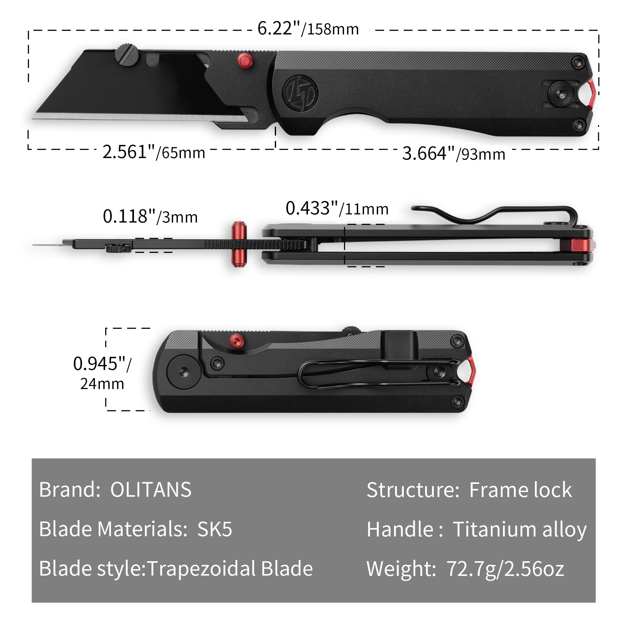 Ti NOVA T078 Utility Knife (2.68"+SK5 Blade+Titanium）Blade x10