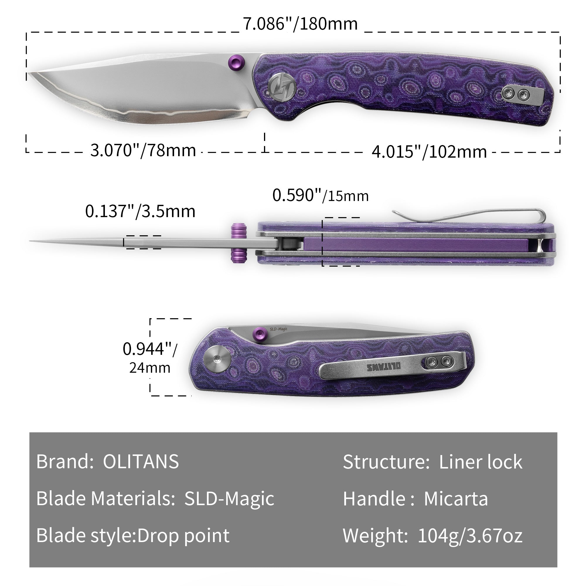 OLITANS Gecko SE G080 Purple Micarta dimensions and SLD-Magic liner lock specifications