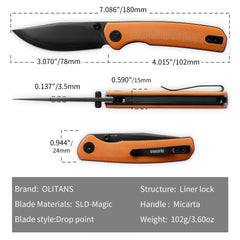 Gecko SE G080 (3.07''+SLD Magic+PVD+Orange Micarta)-Liner Lock-thumb stud