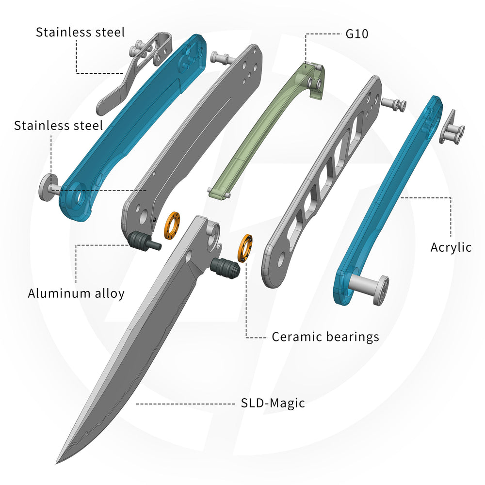 Exploded diagram of OLITANS Gecko SE G080 SLD-Magic blade, acrylic handle, steel liner lock, ceramic bearings, and clip