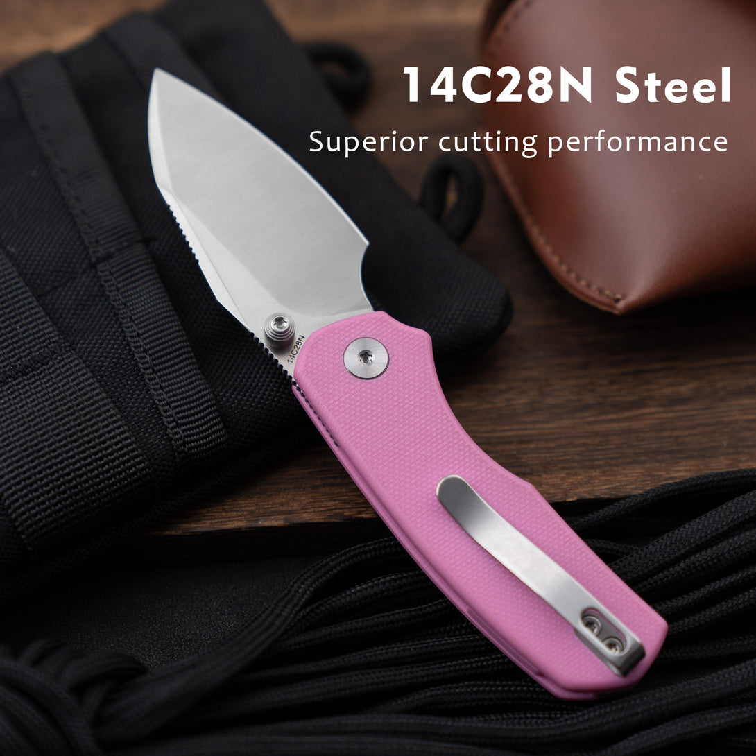 OLITANS G057 Mini Pocket Knife, 2.36'' 14C28N Steel Blade G10 handle（Pink+Satin）