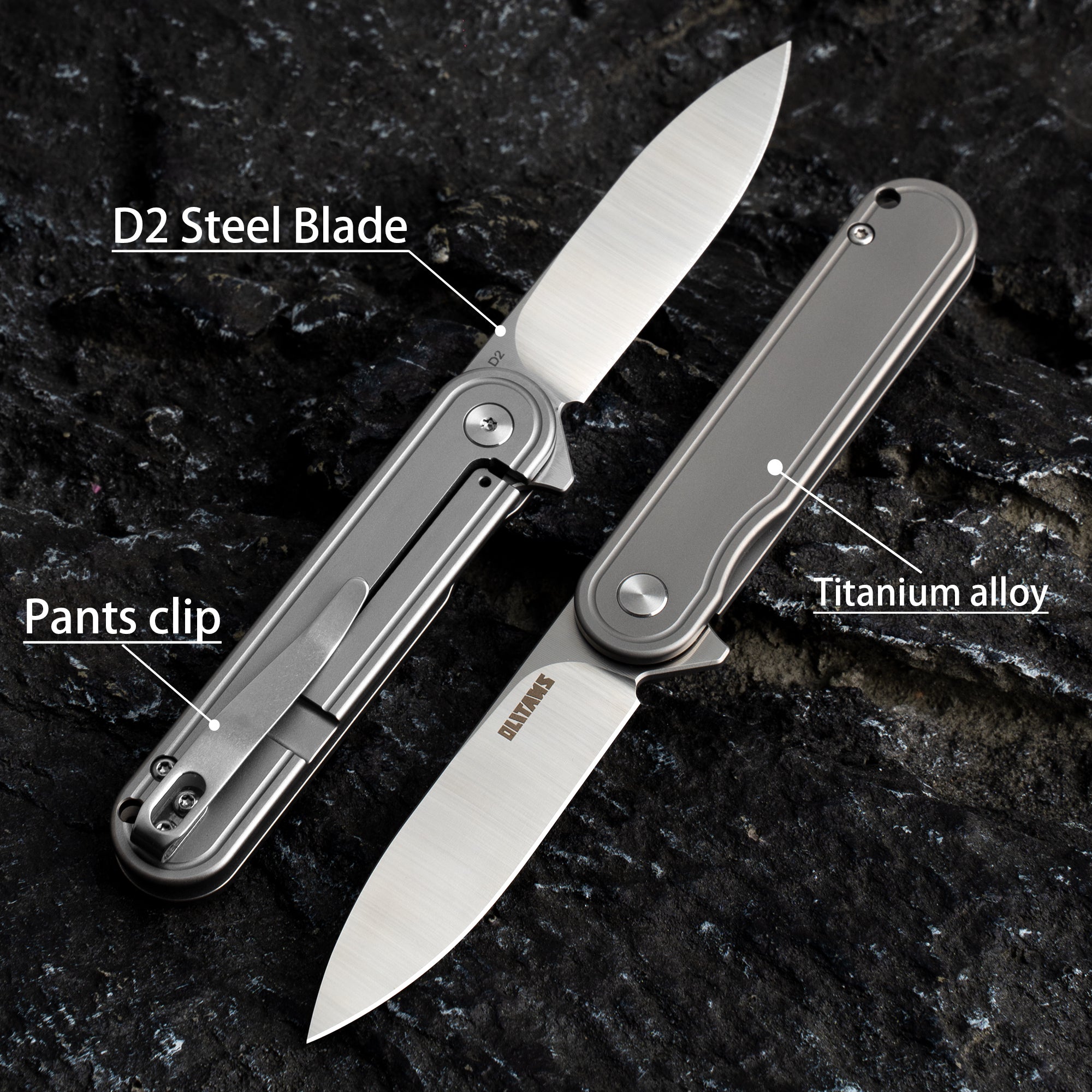 OLITANS T025 Pocket Knife 2.76'' D2 Steel Blade 3.6'' Titanium Alloy H