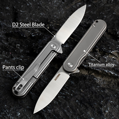 OLITANS T025 Pocket Knife 2.76'' D2 Steel Blade 3.6'' Titanium Alloy Handle Flipper Mini Folding knife 1.8oz