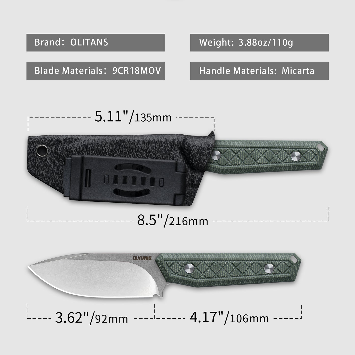 OLITANS G043 Fixed Blade Knife 3.62'' 9cr18mov steel Blade,4.17'' G10/Micarta handle Field Utility Knife with Kydex Sheath for Outdoor Camping Hiking