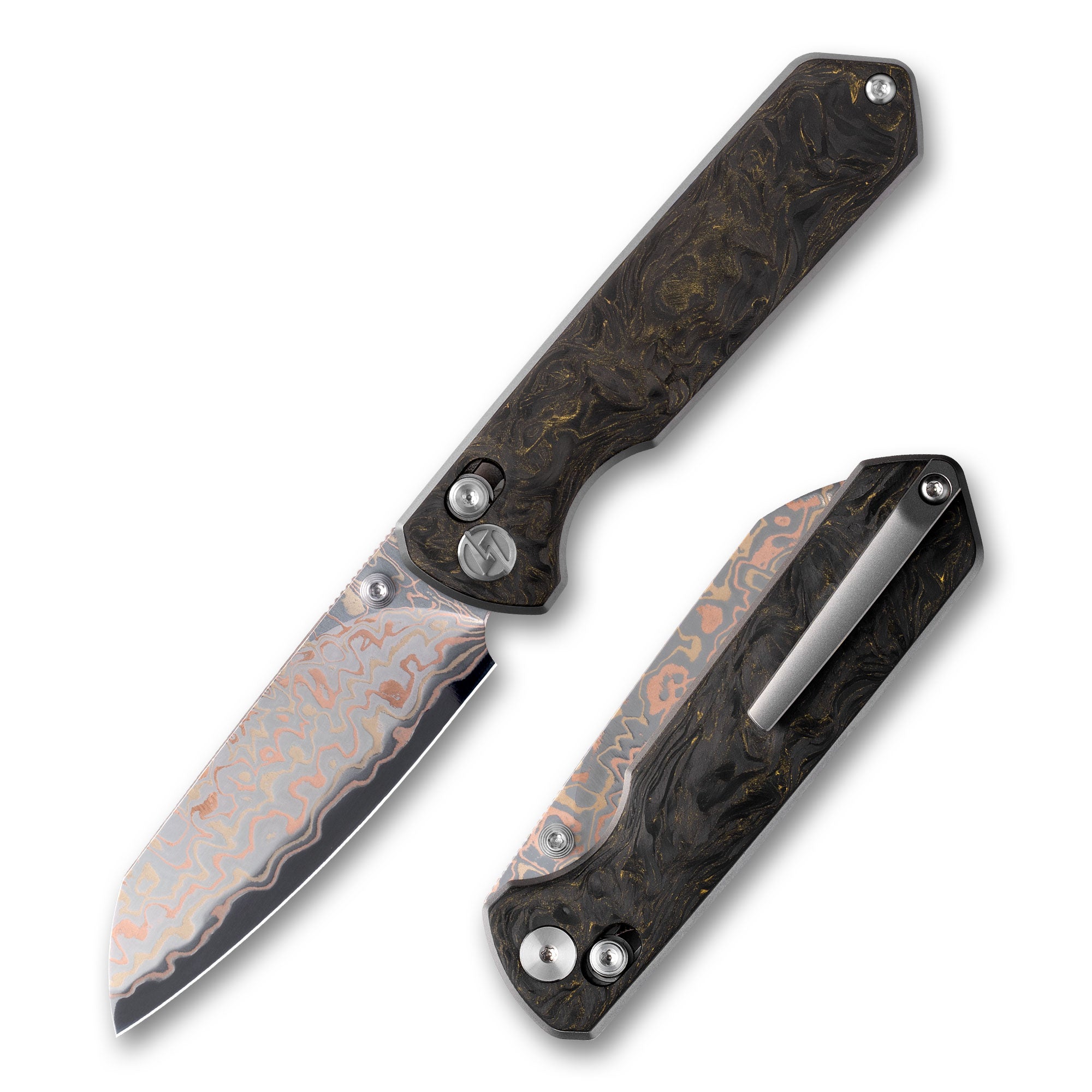 Imperial Penguin M060(3.35''+Damascus Steel & Copper+Carbon fibre)-Axis lock-thumb stud
