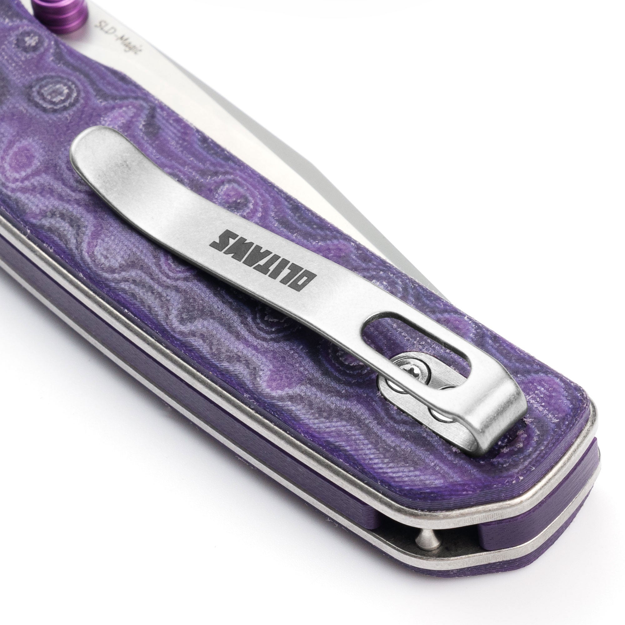 Close-up of OLITANS Gecko SE G080 purple Micarta handle and reversible pocket clip
