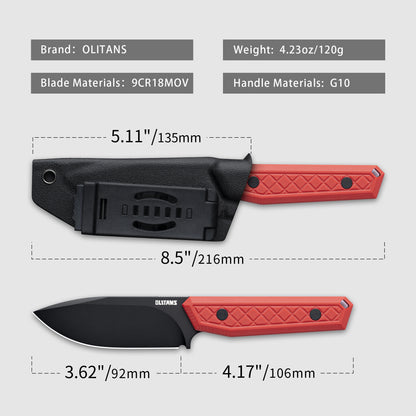 OLITANS G043 Fixed Blade Knife 3.62'' 9cr18mov steel Blade,4.17'' G10/Micarta handle Field Utility Knife with Kydex Sheath for Outdoor Camping Hiking