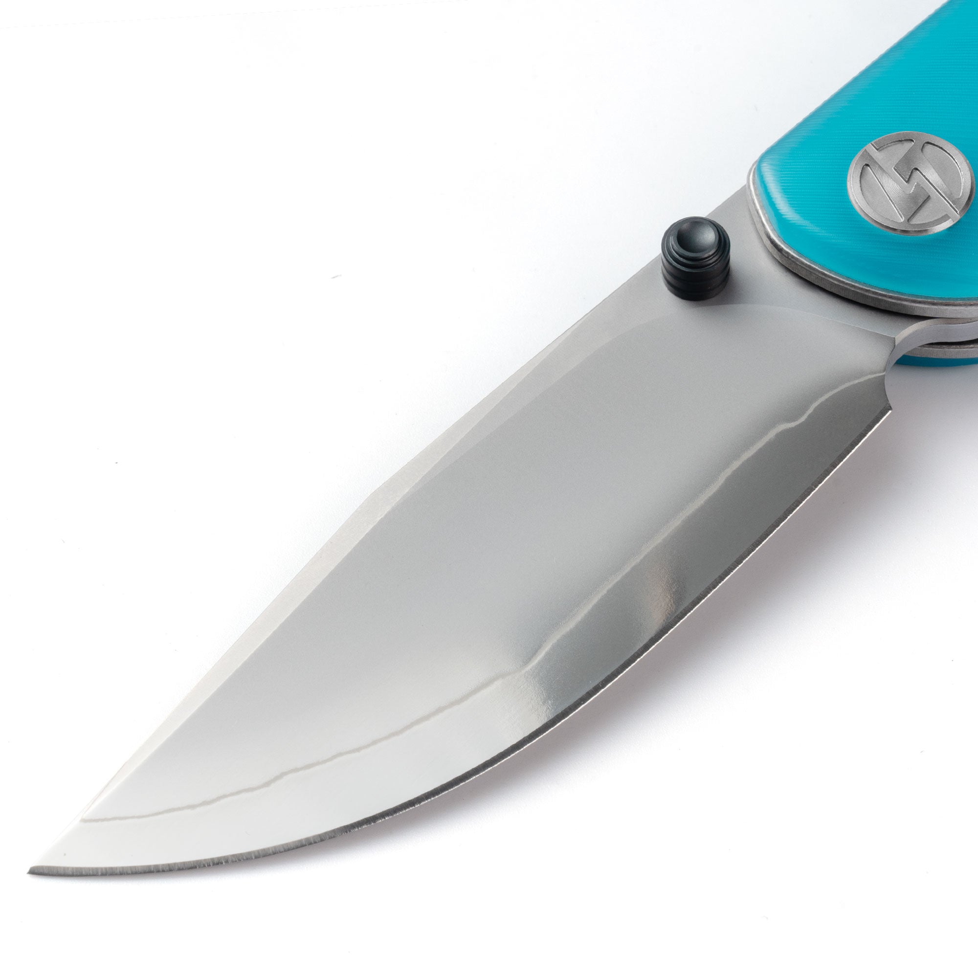 Close-up of OLITANS Gecko SE G080 gradient mirror-polished SLD-Magic drop-point blade