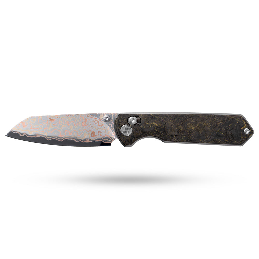 Imperial Penguin M060(3.35''+Damascus Steel & Copper+Carbon fibre)-Axis lock-thumb stud