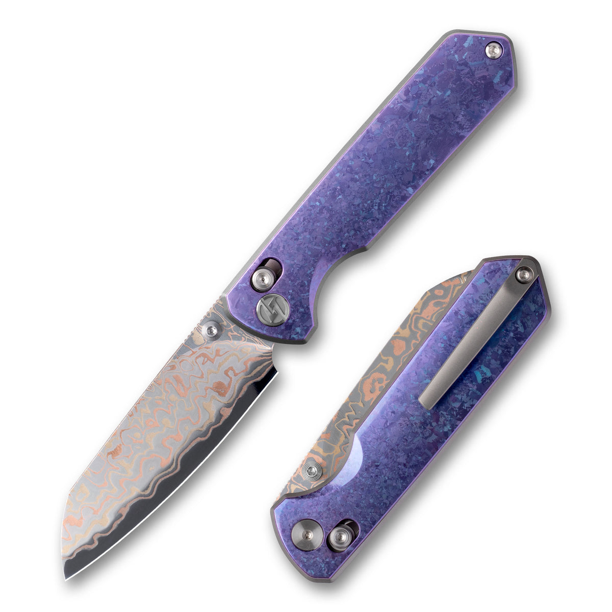 Imperial Penguin M060(3.35''+Damascus Steel & Copper+Crystallized Titanium)-Axis lock-thumb stud