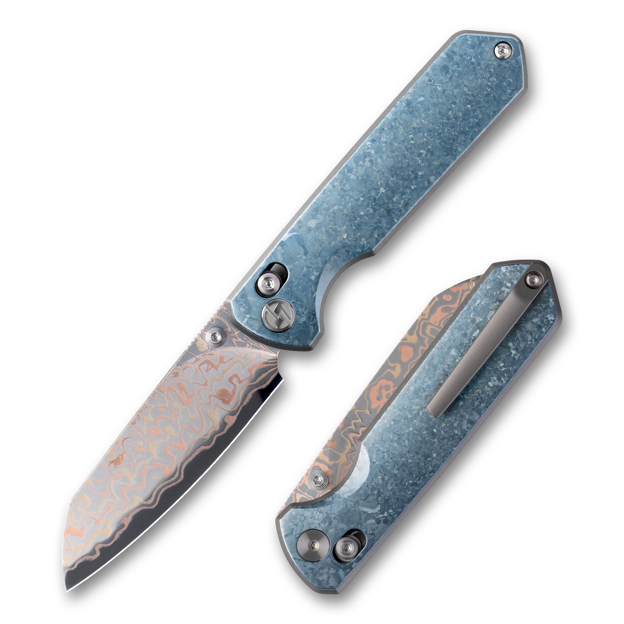 Imperial Penguin M060(3.35''+Damascus Steel & Copper+Crystallized Titanium)-Axis lock-thumb stud