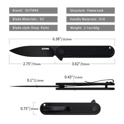 Карманный нож OLITANS G040, стальное лезвие D2, ручка G10, 2,75 дюйма, маленький нож EDC с карманным зажимом для мужчин и женщин, мини-складной походный нож, 2,1 унции