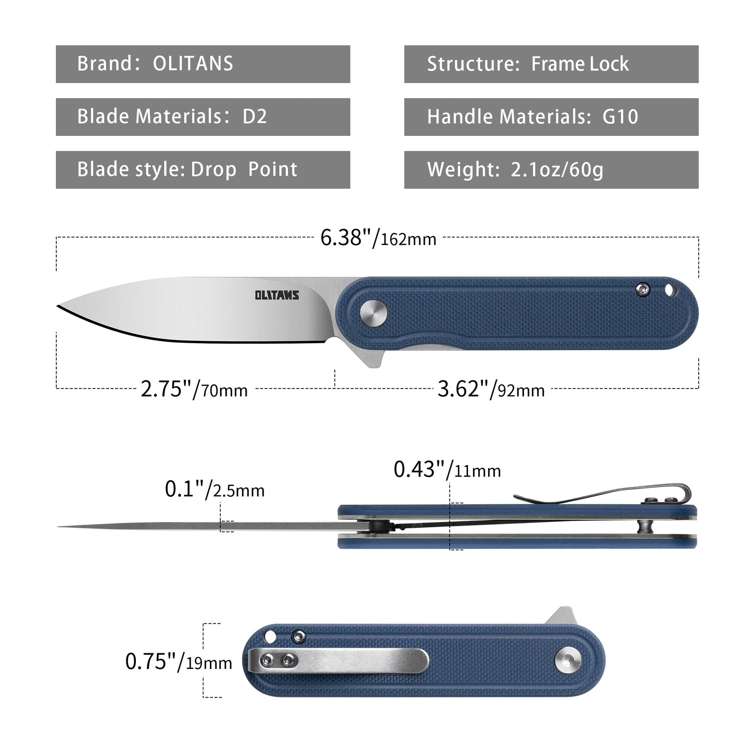 Rocket G040 Pocket Knife 2.75'' D2 Blade + G10 Handle - Liner Lock - Flipper