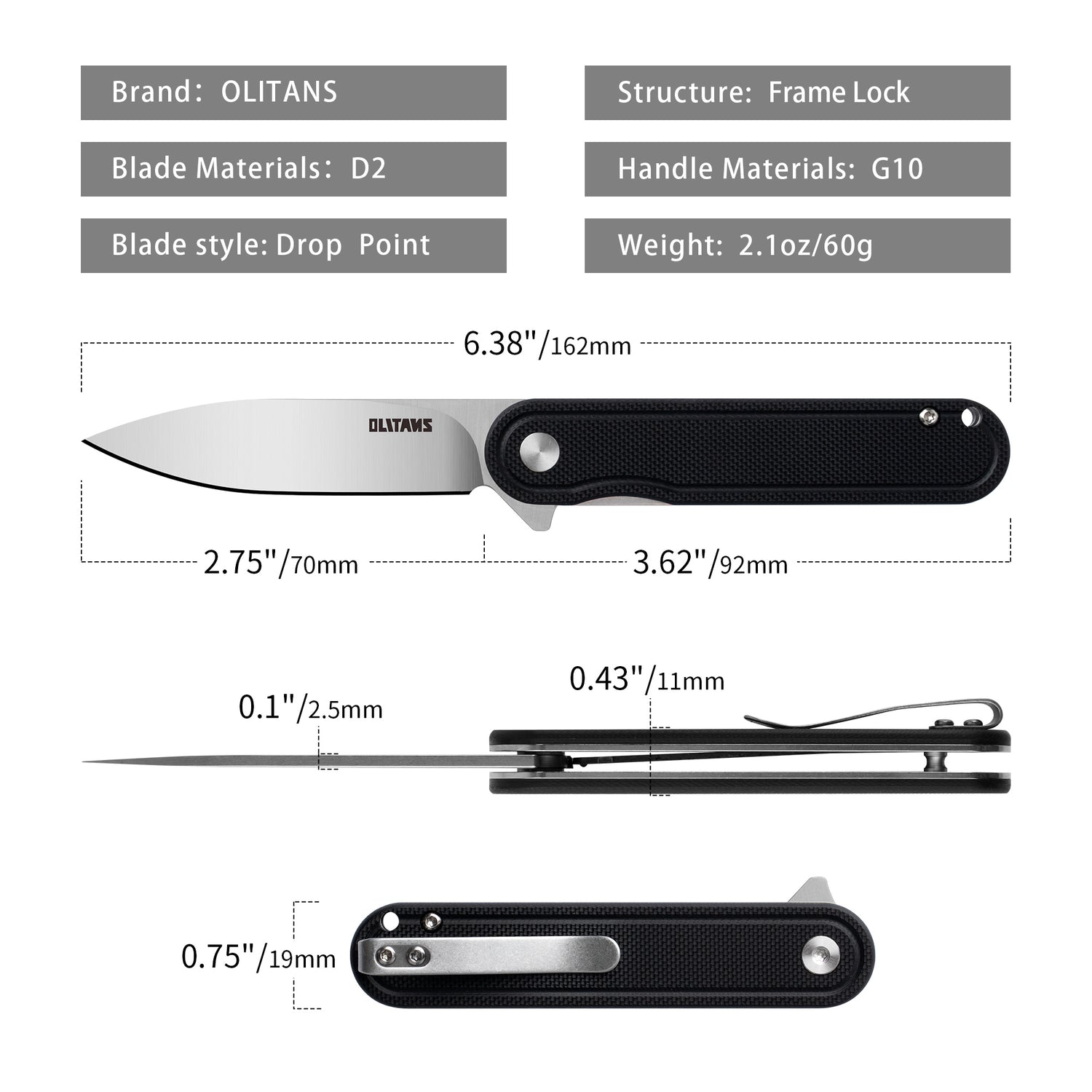 Rocket G040 Pocket Knife 2.75'' D2 Blade + G10 Handle - Liner Lock - Flipper