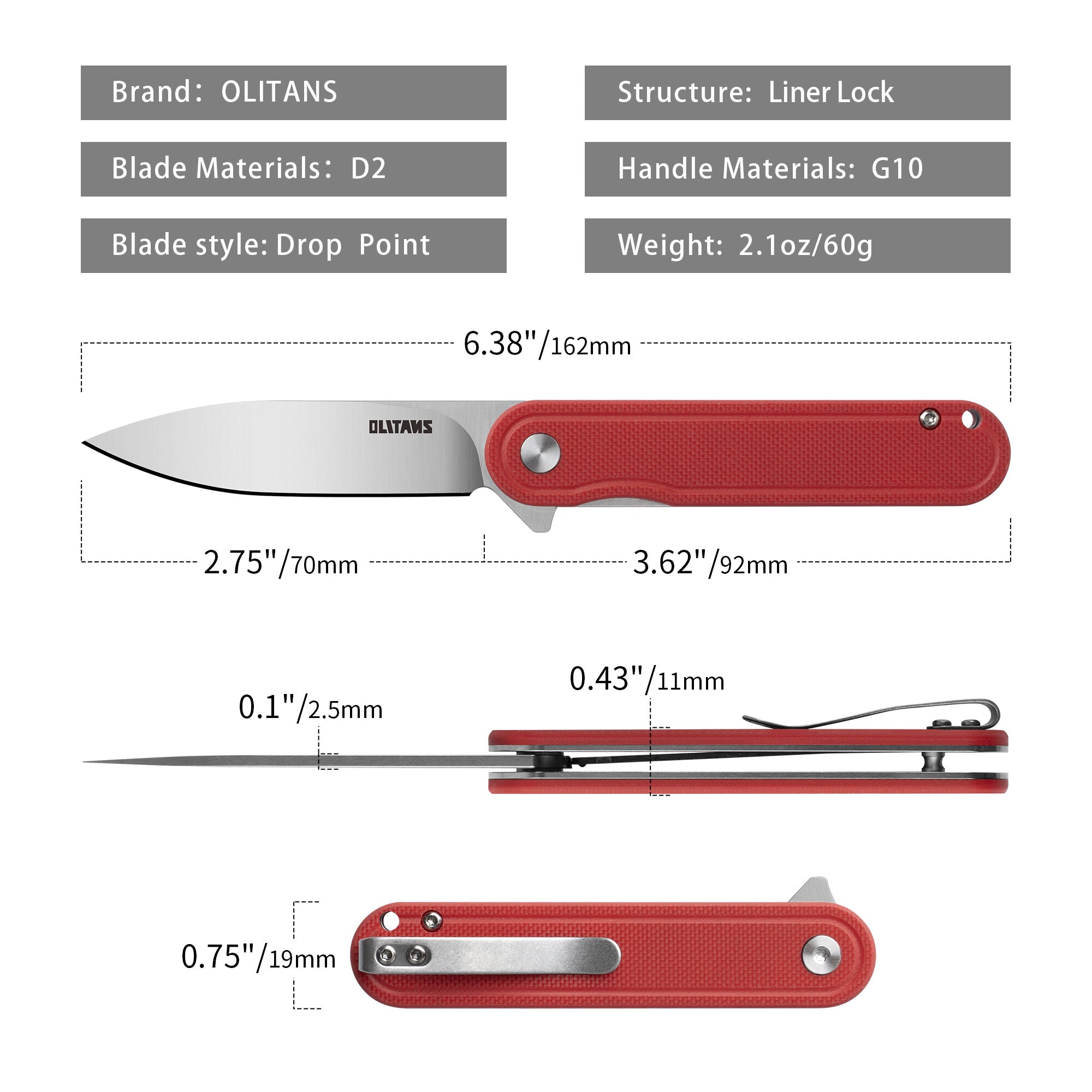 Rocket G040 (2.75''+D2+Red G10)-Liner Lock-Flipper