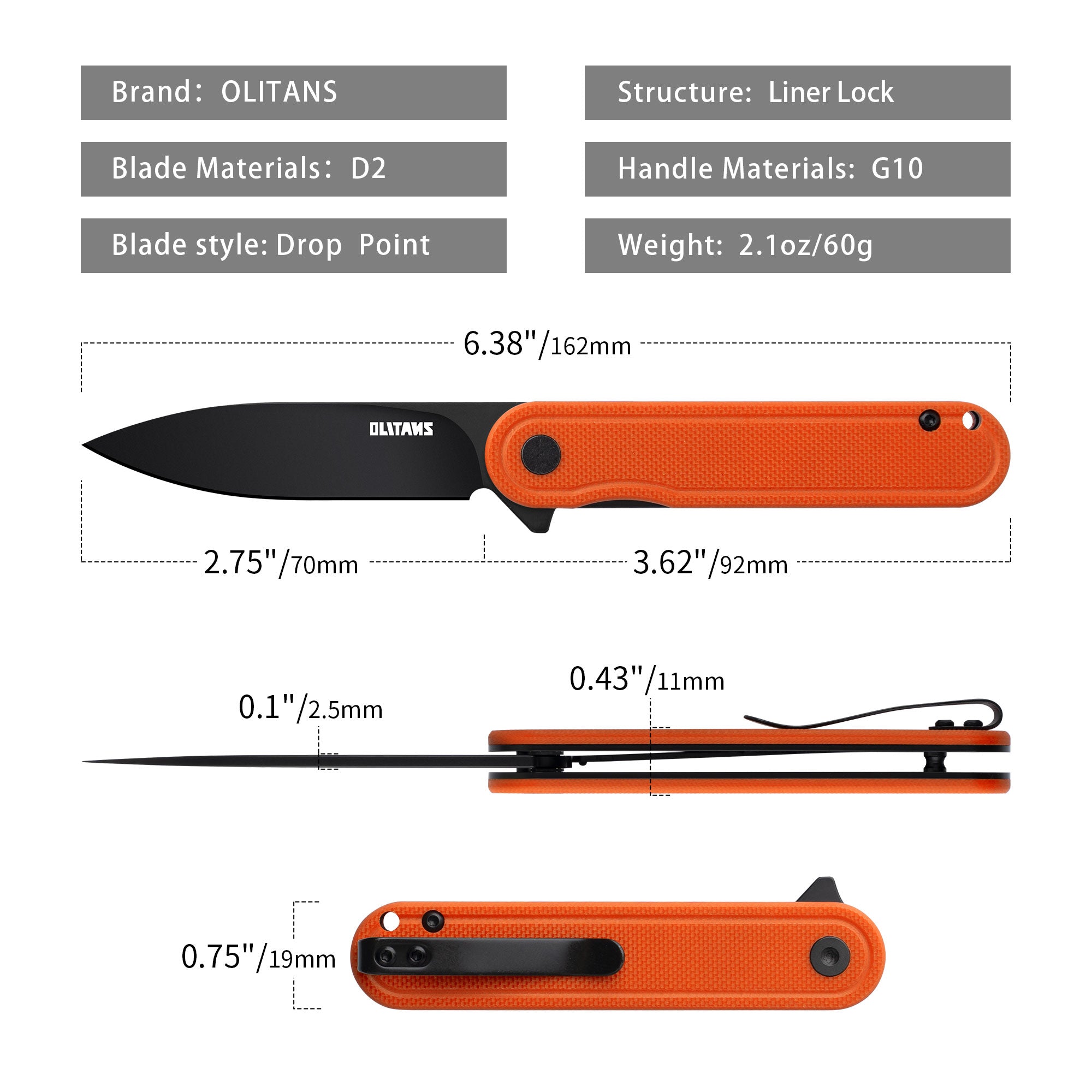 Rocket G040  (2.75''+D2+OrangeG10+Pvd)-Liner Lock-Flipper