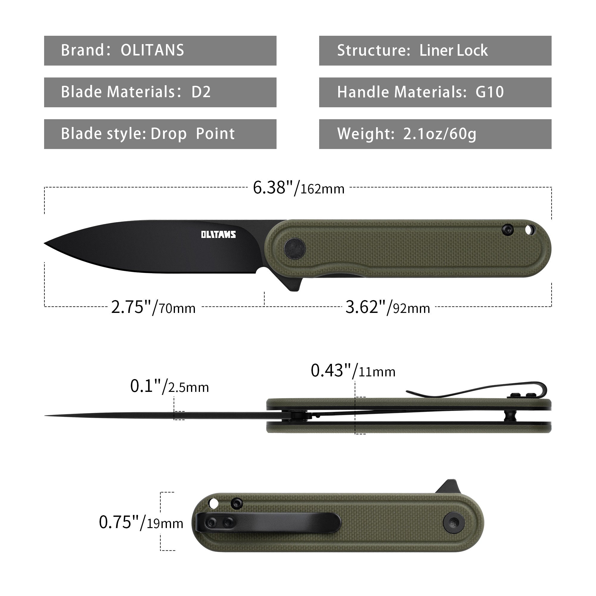 Rocket G040 (2.75''+D2+Army Green G10+Pvd)-Liner Lock- Flipper
