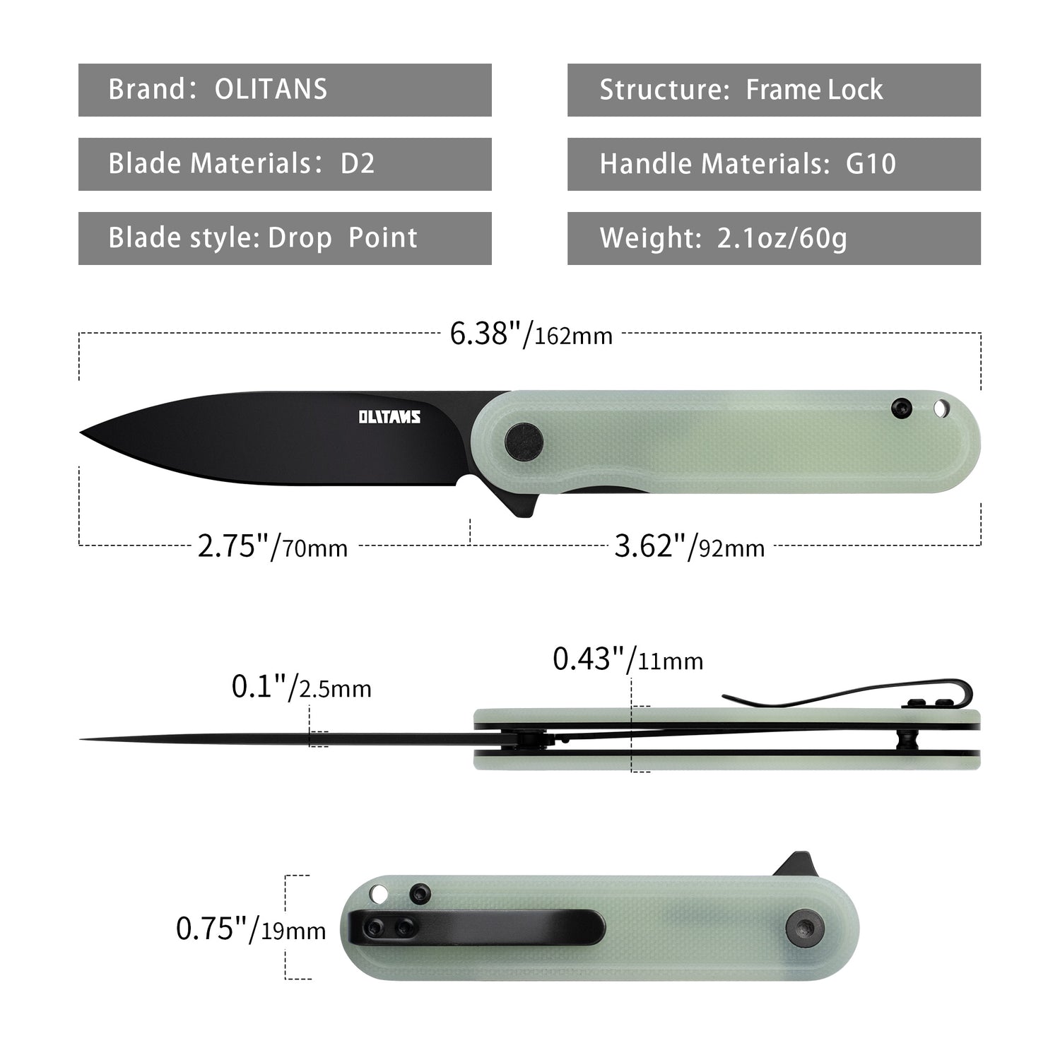 Rocket G040 Pocket Knife 2.75'' D2 Blade + G10 Handle - Liner Lock - Flipper
