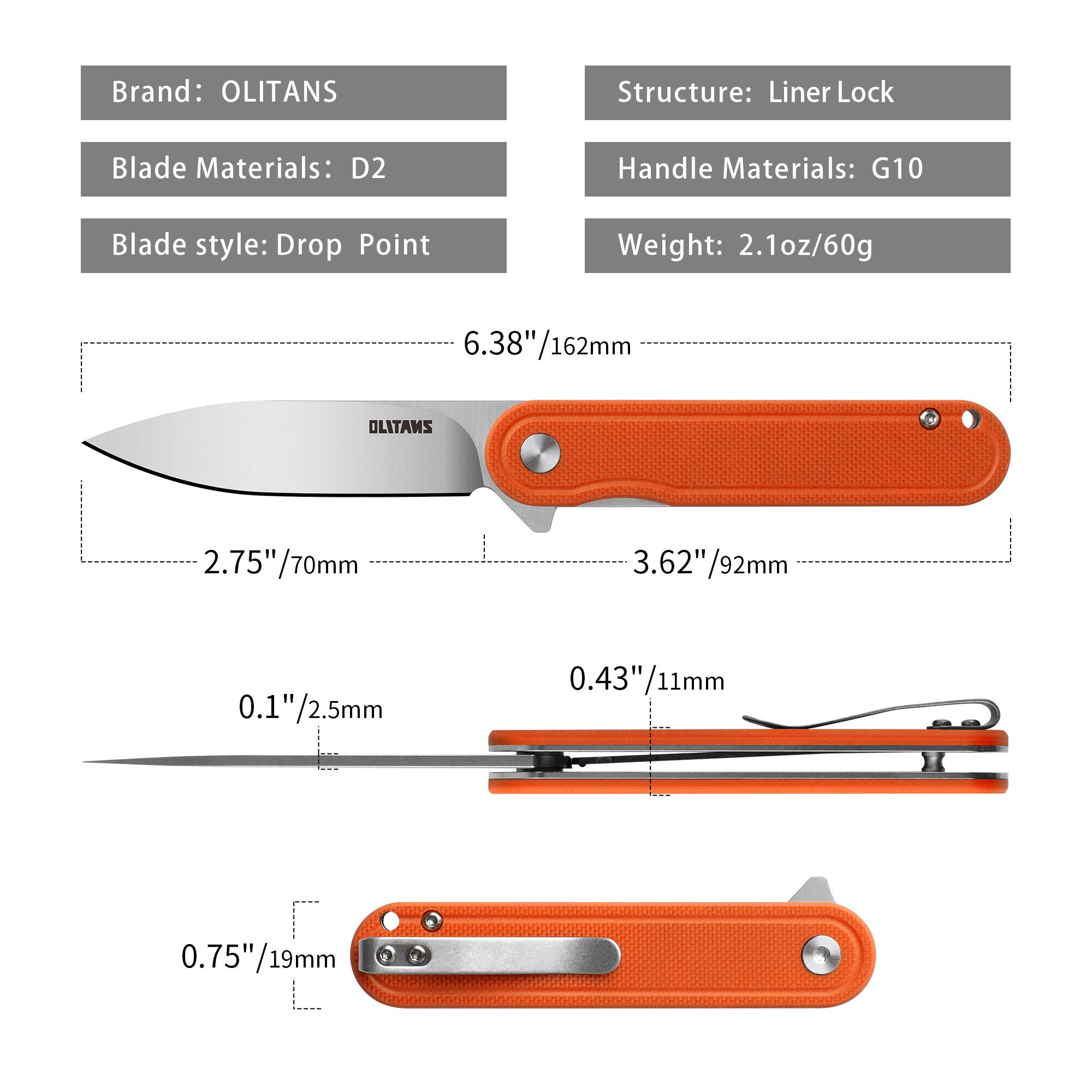 Rocket G040 (2.75''+D2+Orange G10)-Liner Lock-Flipper