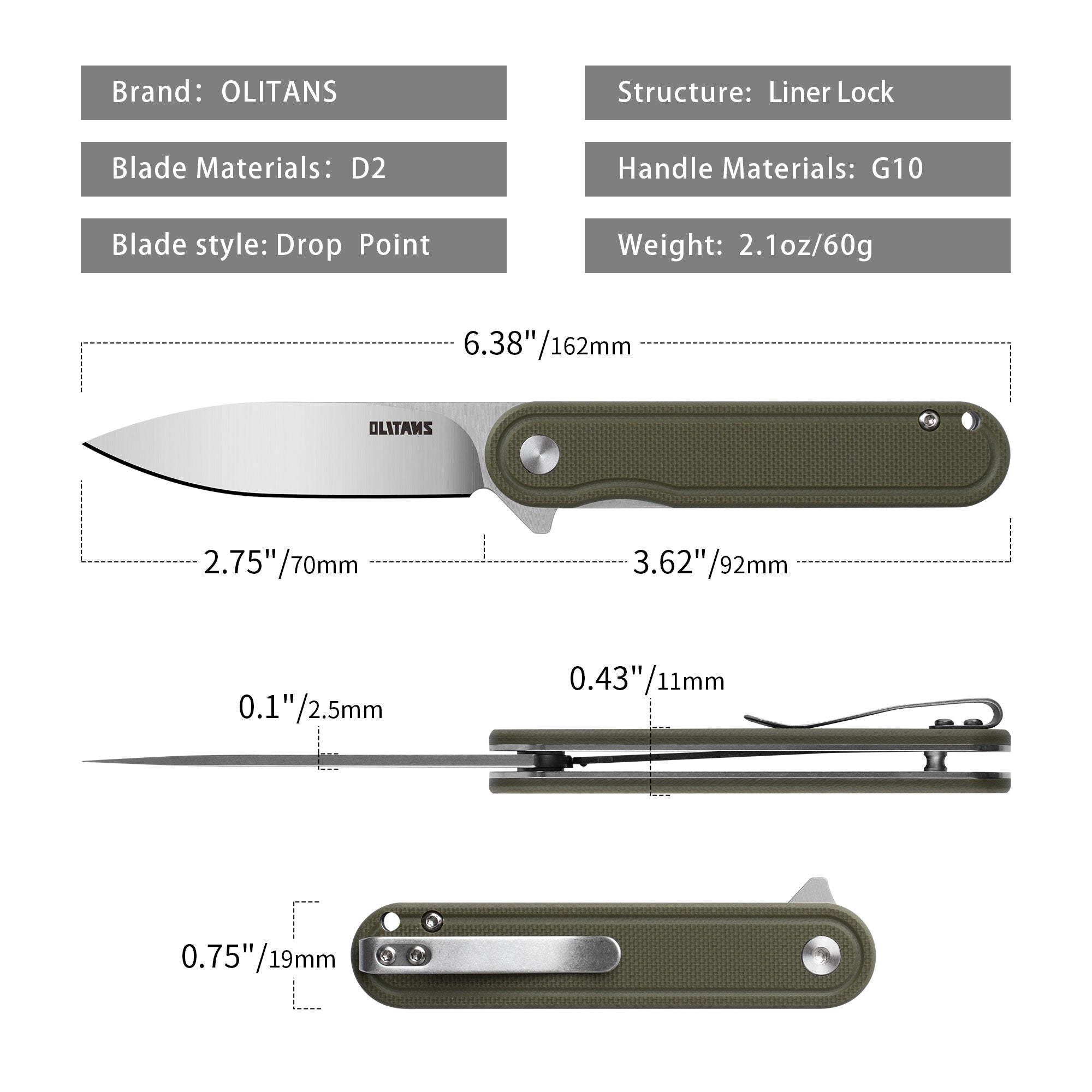 Rocket G040 (2.75''+D2+Army Green G10)-Liner Lock-Flipper