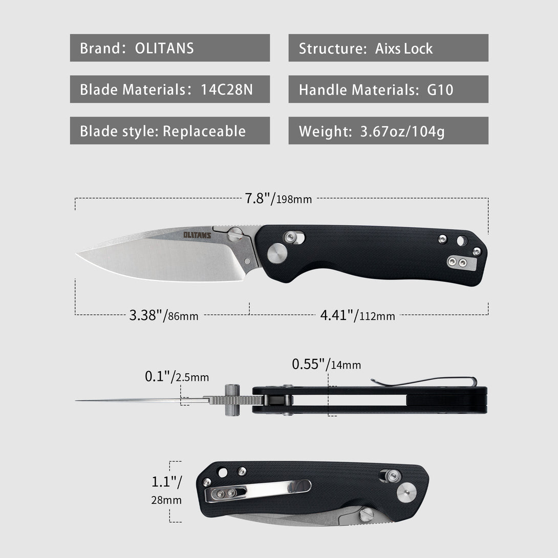 G056-Folding Camping Knife 3.4'' 14C28N Replaceable Blade + G10 Handle - Crossbar Lock - Thumb Stud