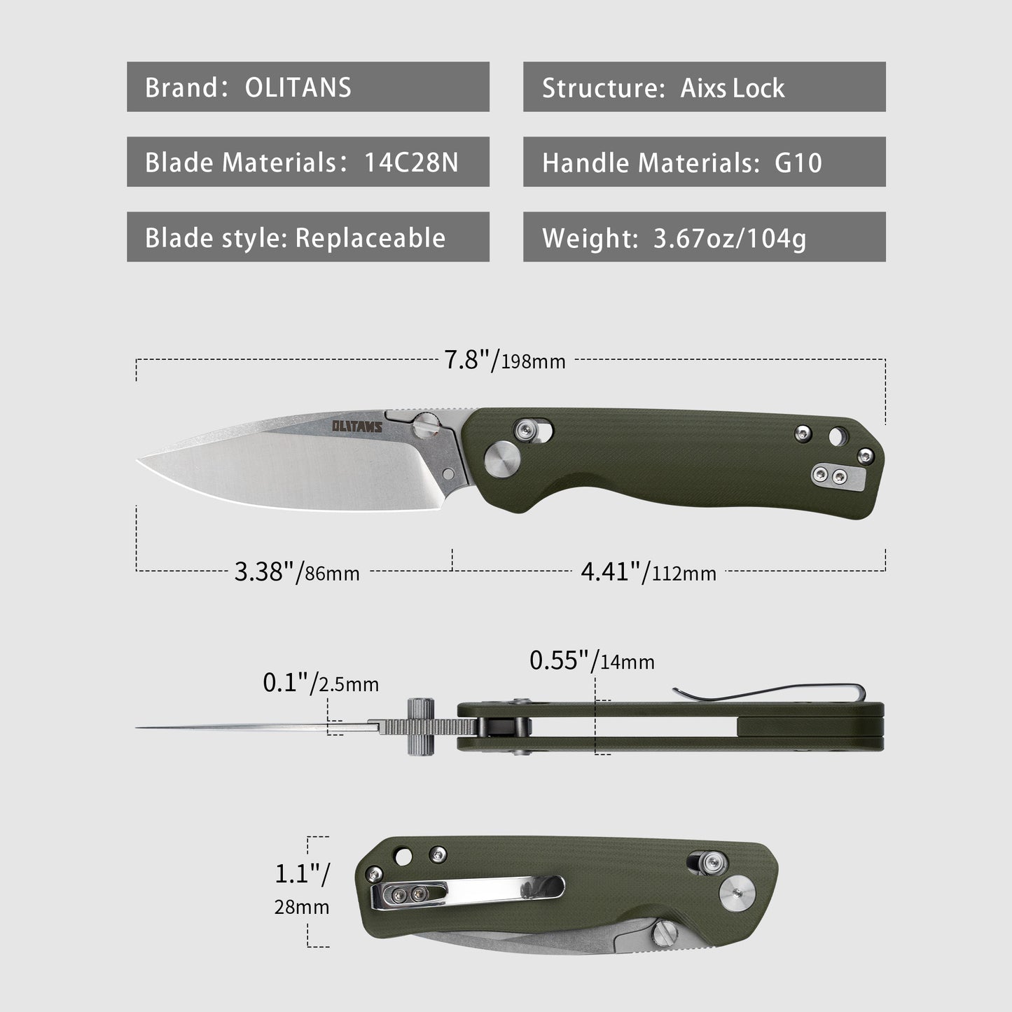 G056 Folding Knife for EDC, 14C28N Steel Replaceable blades Pocket knife, Crossbar Lock Knife for Outdoor, Survival, Hunting and Camping, 3.7oz