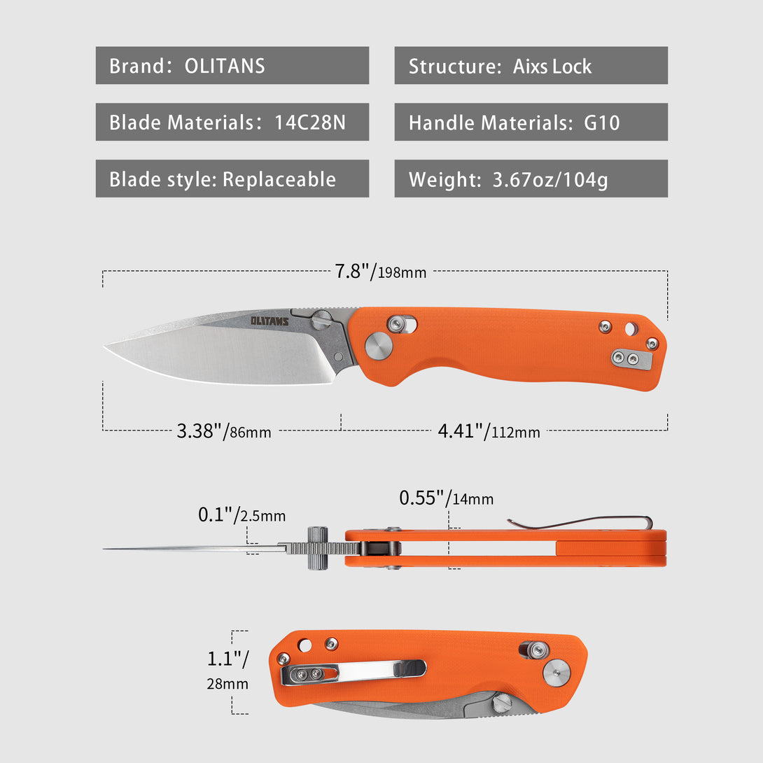 G056-Folding Camping Knife 3.4'' 14C28N Replaceable Blade + G10 Handle - Crossbar Lock - Thumb Stud