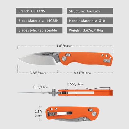 G056 Folding Knife for EDC, 14C28N Steel Replaceable blades Pocket knife, Crossbar Lock Knife for Outdoor, Survival, Hunting and Camping, 3.7oz