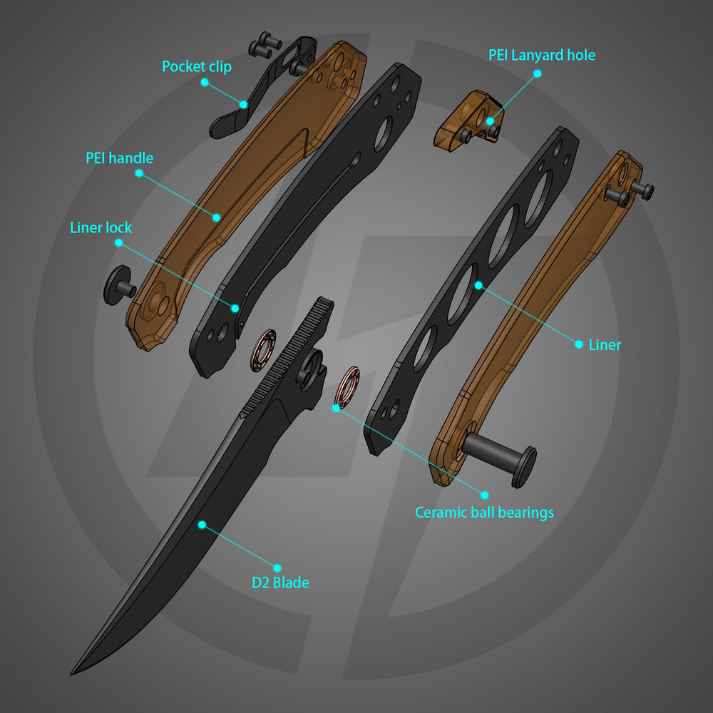 Crescent G059 with PEI amber handle and black blade – angled side view