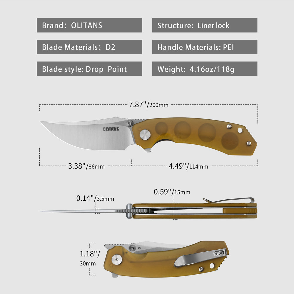 Size and dimensions chart of Crescent G059 folding knife – blade length, total length-PEI