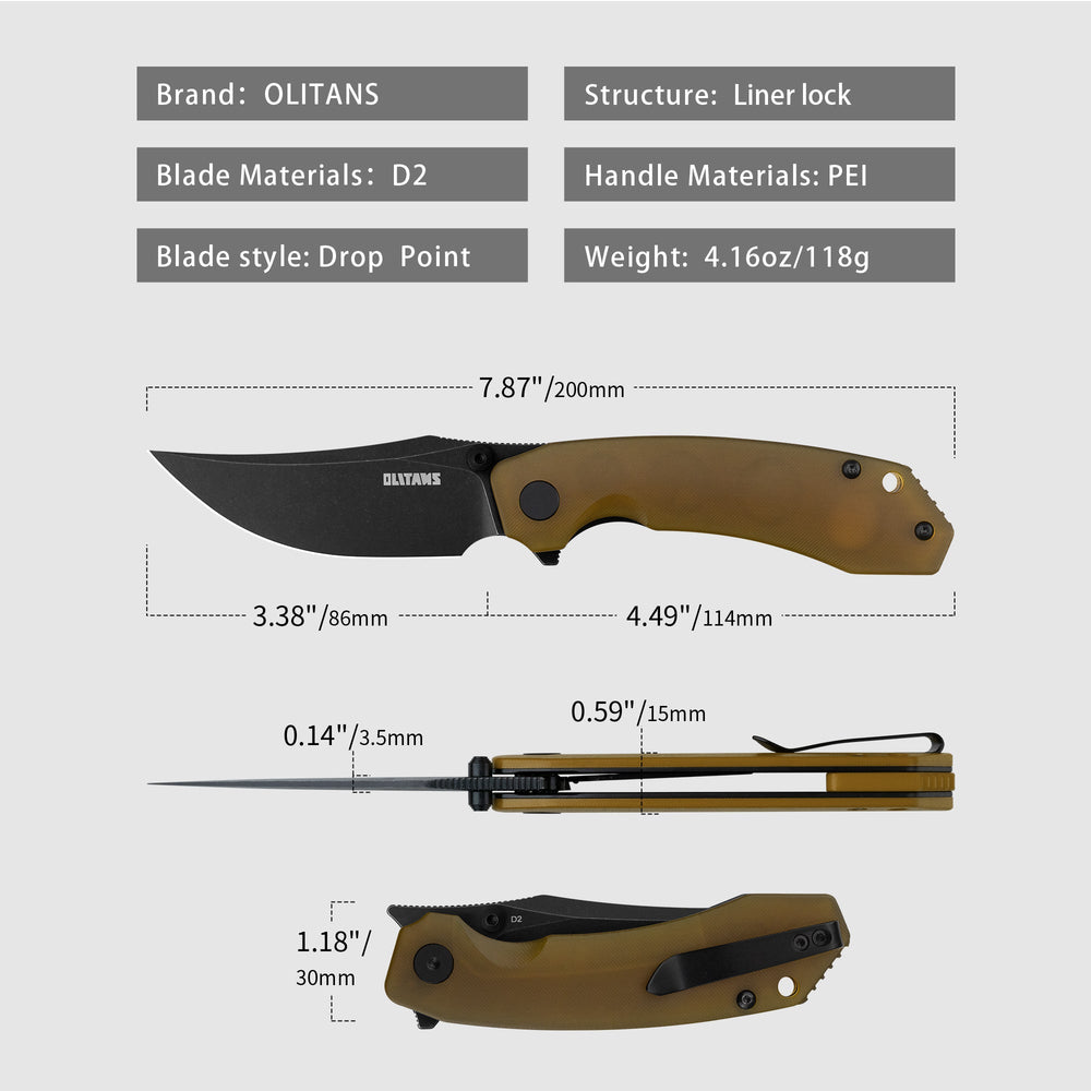 G059 folding knife specifications – PEI handle and black blade dimensions