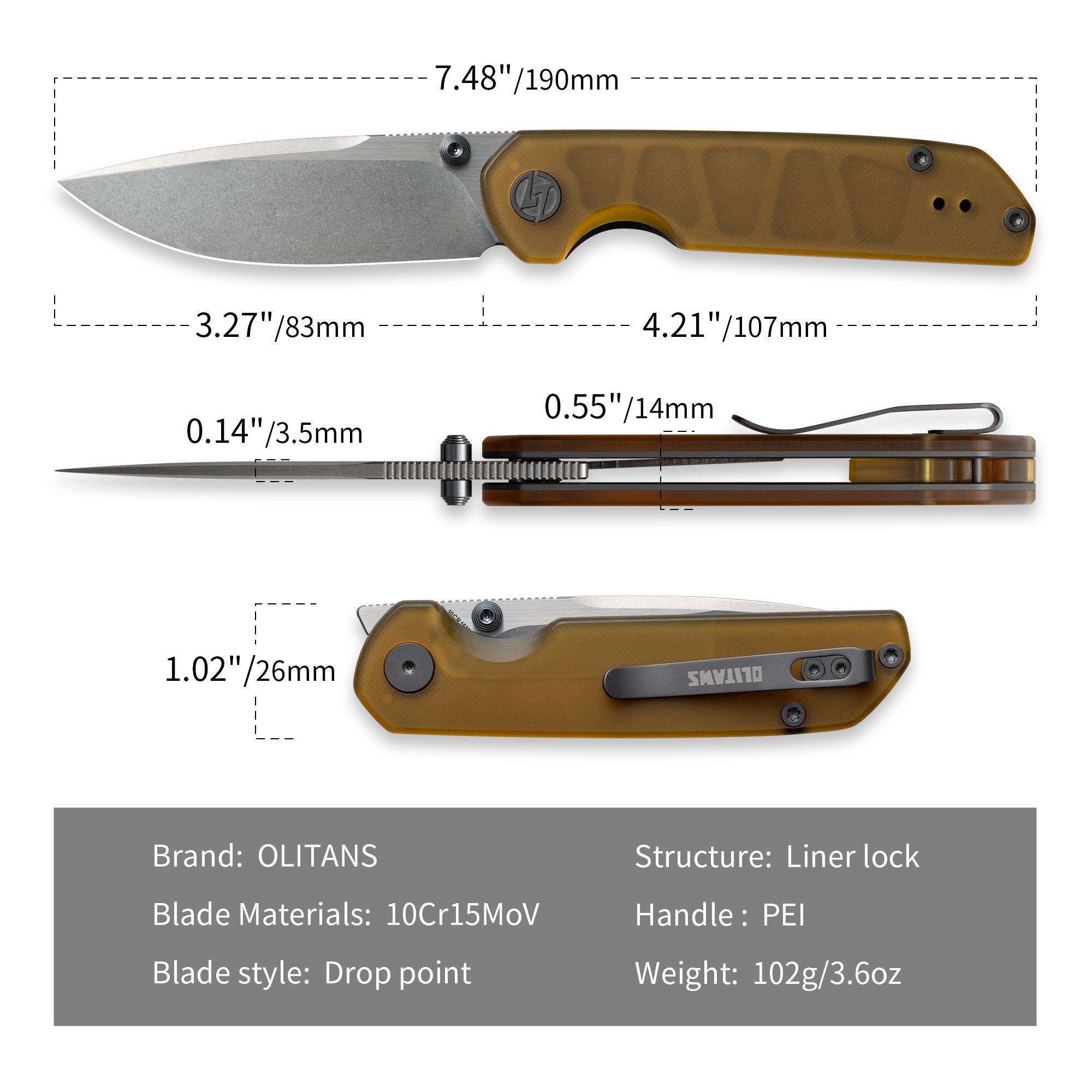 Lemon Shark G071（3.27"+10Cr15Mov+PEI Handle+Stonewash）-Front Flipper-Olitans