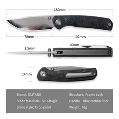 M070-SLD Folding Knife(3.07''+SLD Magic+Carbon fibre)-Liner Lock-thumb stud-OLITANS