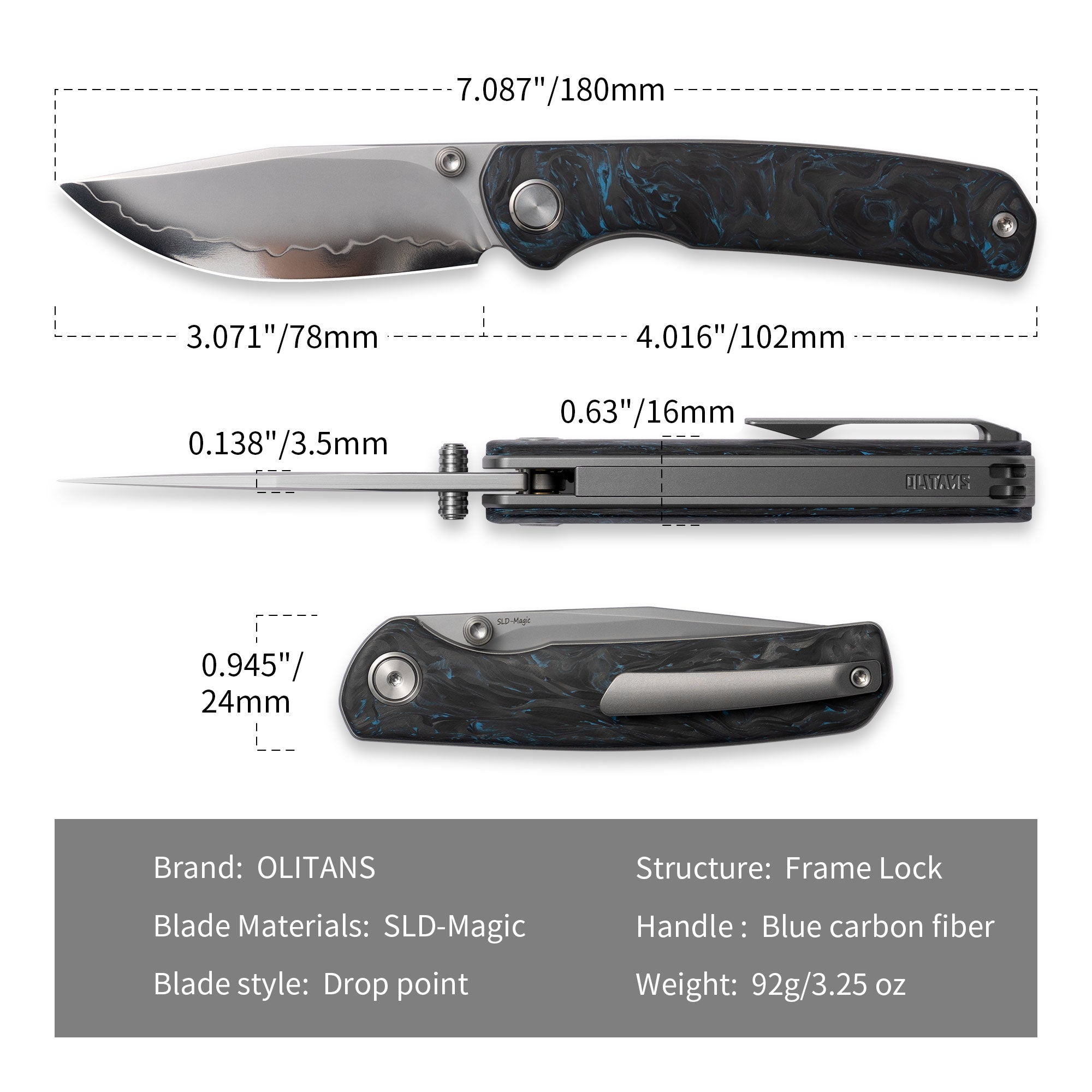 Gecko M070-SLD Folding Knife(3.07''+SLD Magic+Carbon fibre)-Liner Lock-thumb stud-OLITANS